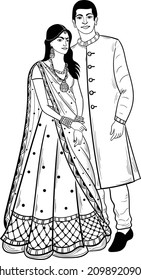 Indian wedding clip art of man and woman getting married. INDIAN BRIDE AND GROOM VECTOR LINE ART DRAWING CLIP ART. Indian wedding symbol bride groom vector illustration line art.