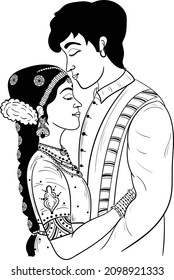 Indian wedding clip art of man and woman getting married. INDIAN BRIDE AND GROOM VECTOR LINE ART DRAWING CLIP ART. Indian wedding symbol bride groom vector illustration line art.
