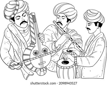 Indian wedding clip art of a man playing music instrument nagada,flute and sarangi by hands. Hinduism wedding symbol of a man playing music instrument sitar black and white clip art line art. 