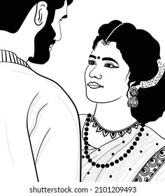 Indian wedding clip art of man and woman getting married. INDIAN BRIDE AND GROOM VECTOR LINE ART DRAWING CLIP ART. Indian wedding symbol bride groom vector illustration line art.