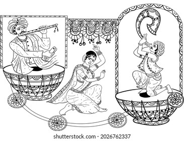 Indian wedding clip art of music player and dancing woman. Indian wedding symbol of men playing shehnai and flute sitting on nagada and a bride dancing black and white symbol. 