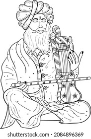 Indische Hochzeitsklauselkunst eines alten Mannes, der ein Musikinstrument sarangi von Händen spielt.Hinduismus Hochzeitssymbol eines Mannes, der ein Musikinstrument sarangi schwarz-weißer Clipkunst spielt. Hochzeitsklammer