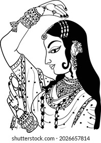 Indian wedding clip art of Rajasthani traditional style bride looking in the hand mirror with traditional uniform black and white clip art line drawing illustration.
