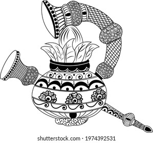 Indian Wedding Clip art Religious Kalash (Pot) with Shehnai and Bigul Music Instrument. Beautiful line art of traditional wedding clipart. svg