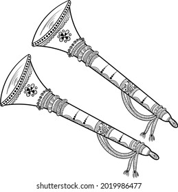 Indian Wedding Clip Kunst Religious von einem Paar von Shehnai und Bigul Musikinstrument. Schöne Linienkunst der traditionellen Hochzeitsklauselkunst. Indisches Hochzeitssymbol, Schwarz-Weiß-Illustration. 