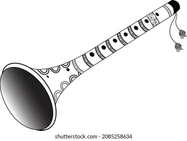Indian Wedding Clip art Religious of a pair of Shehnai and Bigul Music Instrument. Beautiful line art of traditional wedding clipart. Indian wedding symbol icon, black and white illustration.  svg