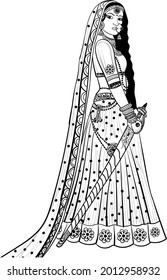 Indian wedding clip art of a traditional look bride with sword in hand. Indian women with sword or talwar black and white line art clip art drawing illustration. 