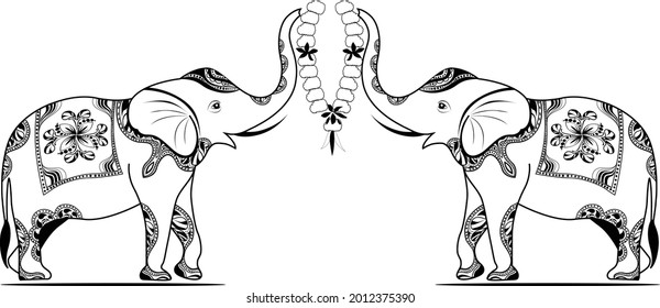 INDIAN WEDDING CLIP ART OF TWO ELEPHANTS LINE DRAWING BLACK AND WHITE CLIP ART WITH FLOWER GARLAND  Indian wedding symbol black   white line art elephants   flower garlands  