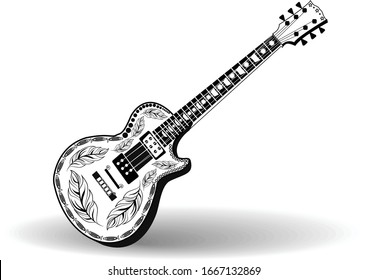 Indian wedding clip art of Western music instrument Guitar. Artistic black and white clip art of music instrument Guitar for screen printing use vector line art