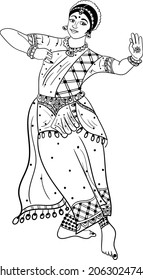 Indian wedding clip art of a woman dancing of Indian traditional dance kathak black and white clip art illustration line drawing. Indian wedding symbol of dancing bride black and white.