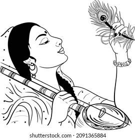 Indian wedding clip art of woman playing sitar with hands, black and white line drawing illustration. Indian lord krishna with meera play music instrument sitar, clip art black and white symbol.