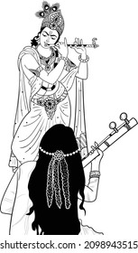Indian wedding clip art of woman playing sitar with hands, black and white line drawing illustration. Indian lord krishna with meera play music instrument sitar, clip art black and white symbol.