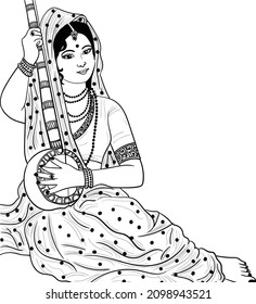 Indian wedding clip art of woman playing sitar with hands, black and white line drawing illustration. Indian lord krishna with meera play music instrument sitar, clip art black and white symbol.