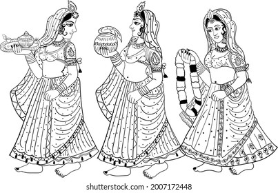 Indian wedding clip art women doing traditional wedding programs with kalash, flower necklace and pooja plate vector line art black and white symbol. 