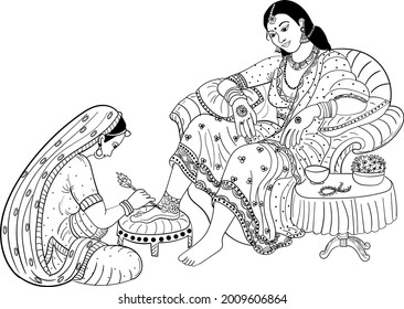 Indian wedding clip art, women doing henna art on bride leg with peacock feather, beautiful wedding clip art Indian culture and traditional line drawing illustration.