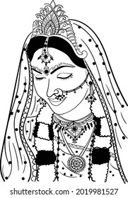 Indian wedding clip art of women or bride doing makeup black and white symbol. Indian wedding symbol of female black and white illustration. Indian religious symbol. Hinduism wedding clip art symbol.