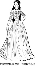 Clíparte de boda india, hermoso estilo de antaño adorno de novia, ilustración de dibujos animados de línea blanca y negra. Símbolo de boda indio de novia "dulhan".