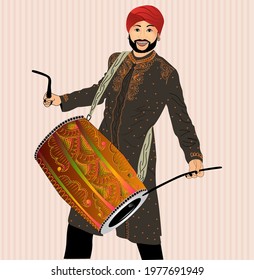 Indian wedding colour illustration of dhol (drum) player. Indian punjabi man playing drum in wedding vector illustration.
