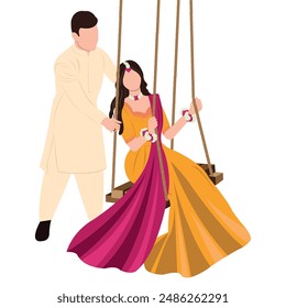 Indian Wedding Couple bride dress sitting on a swing with indian groom