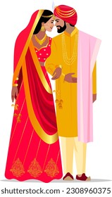 Indian wedding couple in bright clothes Bride in traditional red sari groom in golden color wedding suit and turban Vector