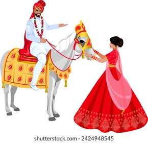 Novio indio en ropa de boda tradicional de la India montando en caballo blanco decorado para el evento de boda la novia se encuentra cerca en sari rojo tradicional Vector