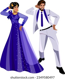 Indian wedding couple dancing at the wedding ceremony Bride in a dark blue dress with sequins  Groom in a smart light wedding suit  Indian couple dancing merrily Vector