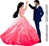Indian wedding couple dancing the first dance Groom in a dark blue suit Bride in a beautiful wedding pink airy dress Vector