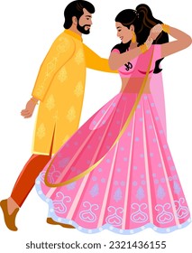 La pareja de bodas de la India bailando el primer novio indio con traje amarillo novia con estampado rosado sari Vector