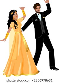 Indian wedding couple dancing first dance Bride and groom in elegant wedding suits Vector