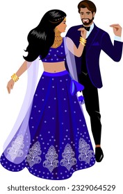 Indian wedding couple in dark blue wedding suits dancing the first dance of the bride and groom  Vector