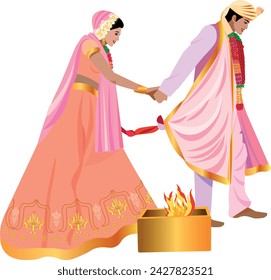 Indian wedding couple episode ceremony newlyweds walk near a burning fire wearing beautiful wedding traditional clothes Vector