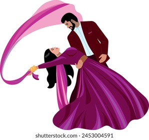 Pareja india en ropa de moda, novio en traje de novia morado oscuro, novia en Vector de sari de la boda borgoña