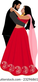 Primera danza de la pareja de bodas india de recién casados Novia en la tradicional boda sari rojo Groom con traje clásico oscuro Vector