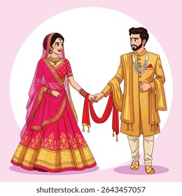 Indian Wedding Couple Holding Red Dupatta – Traditional Bride and Groom Illustration in Festive Attire