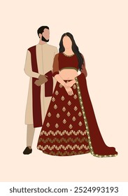 Indian wedding couple illustration for save the date, wedding e-invite cards