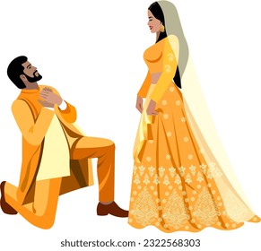 Indian Wedding Couple Newlyweds First Dance of Bride and Groom Indian Couple Wearing Yellow Gold Wedding Suits Vector