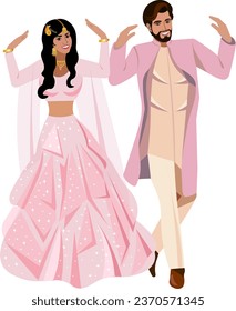 Indian wedding couple in soft pink wedding suits dancing the first dance at their wedding Vector