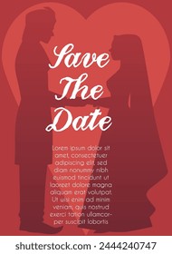 Indian wedding couple standing together hold hands. Marriage invitation card with bride and groom, flowers. Save the date romantic poster red design with heart. Vector engagement illustration