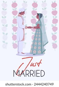 Indian wedding couple standing together hold hands. Marriage invitation card with bride and groom, flowers. Vector engagement illustration. Just married romantic announcement poster