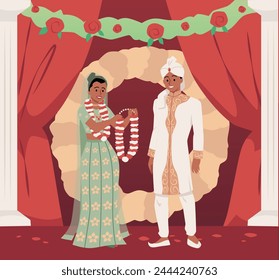 Indian wedding couple standing together, bride holding a wreath of flowers. Vector illustration of engagement. Marriage ceremony with bride and groom