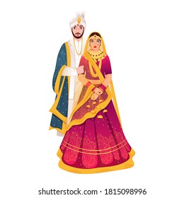 Indian Wedding Couple Together Standing on White Background.