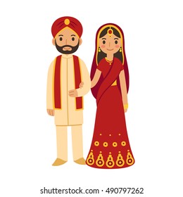 Indian wedding couple in traditional clothing. Cute cartoon vector illustration.