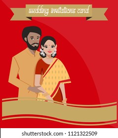 indian wedding couple in traditional wedding dress, wedding invitations card concept, flat vector isolated with red and gold background