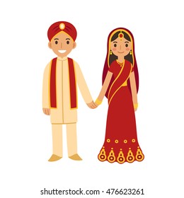 Indian wedding couple in traditional dress holding hands and smiling. Cute cartoon vector illustration.