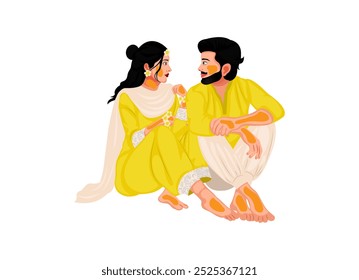 Indian Wedding Couple in Yellow Dress Celebrating Haldi Ceremony Vector