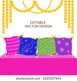 Indian wedding decorations, Mehndi Haldi ceremony decorations, traditional wedding decorative elements, Indian wedding decor, haldi setup, haldi function vector, pillow vector design, wedding elements