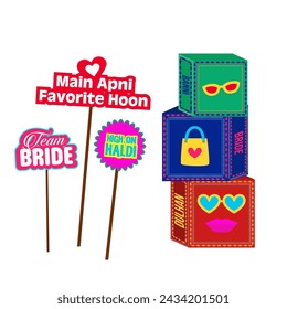 Indian wedding decorative elements for haldi, mehendi and sangeet ceremony for bride to be. Colorful haldi decor, mehendi vectors, maayra, bhaat, engagement

Translation: I am my own favourite. Bride.