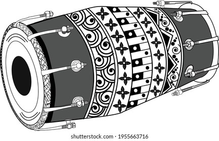 Indian wedding and festival dhol dholak artistic symbol with fine designed black and white screen printing clip art line drawing.