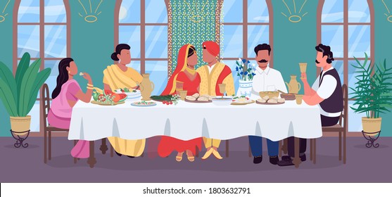 Indian wedding flat color vector illustration. Groom and bride at festive table. Traditional banquet. Celebrate with relatives. Marriage 2D cartoon characters with home interior on background