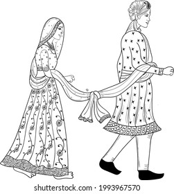 INDIAN WEDDING GROOM AND BRIDE VECTORE ILLUSTRATION BLACK AND WHITE CLIP ART